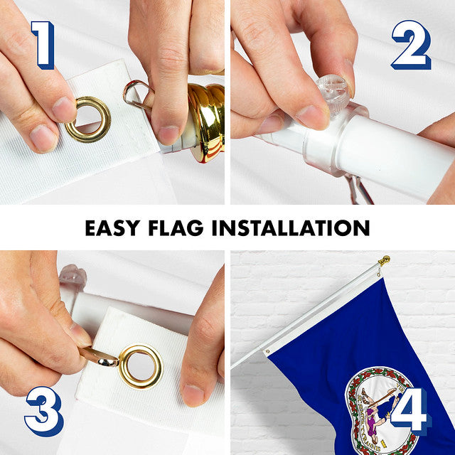 G128 Combo Pack: 6 Feet Tangle Free Spinning Flagpole (White) Virginia VA State Flag 3x5 ft Printed 150D Brass Grommets (Flag Included) Aluminum Flag Pole