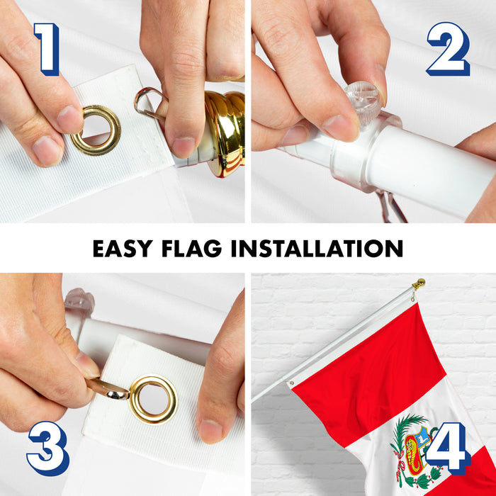 G128 Combo Pack: 6 Feet Tangle Free Spinning Flagpole (White) Peru Peruvian Flag 3x5 ft Printed 150D Brass Grommets (Flag Included) Aluminum Flag Pole