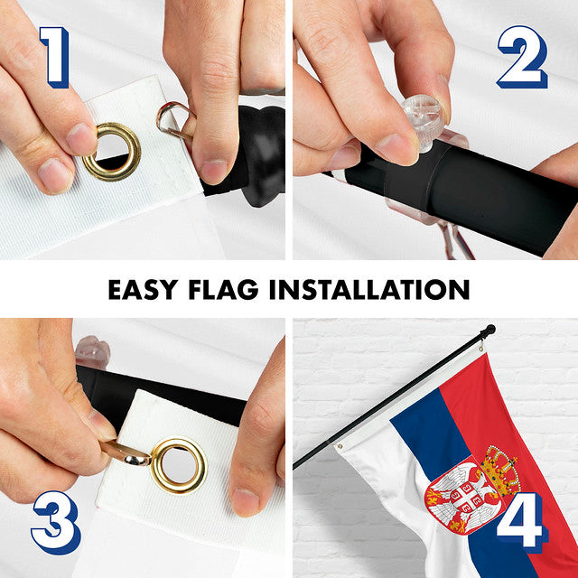 G128 Combo Pack: 6 Feet Tangle Free Spinning Flagpole (Black) Serbia Serbian Flag 3x5 ft Printed 150D Brass Grommets (Flag Included) Aluminum Flag Pole