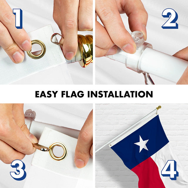 G128 Combo Pack: 6 Feet Tangle Free Spinning Flagpole (White) Texas TX State Flag 3x5 ft Printed 150D Brass Grommets (Flag Included) Aluminum Flag Pole