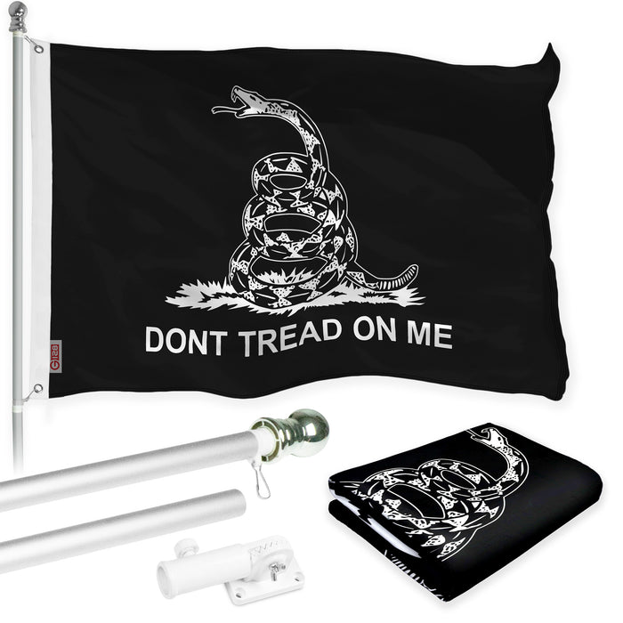 G128 Combo Pack: Flag Pole 6 FT Silver Tangle Free & Gadsden Black and White Flag 3x5ft 150D Printed Polyester