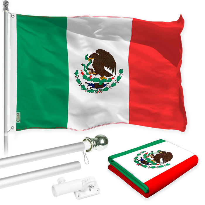 G128 Combo Pack: 6 Feet Tangle Free Spinning Flagpole (Silver) Mexico Mexican Flag 3x5 ft Printed 150D Brass Grommets (Flag Included) Aluminum Flag Pole