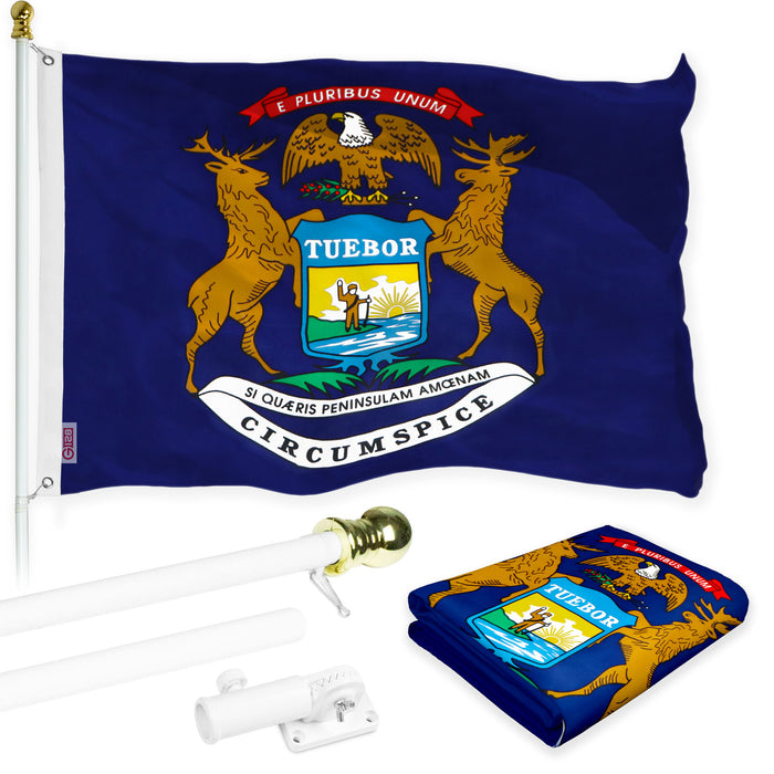 G128 Combo Pack: 6 Feet Tangle Free Spinning Flagpole (White) Michigan MI State Flag 3x5 ft Printed 150D Brass Grommets (Flag Included) Aluminum Flag Pole