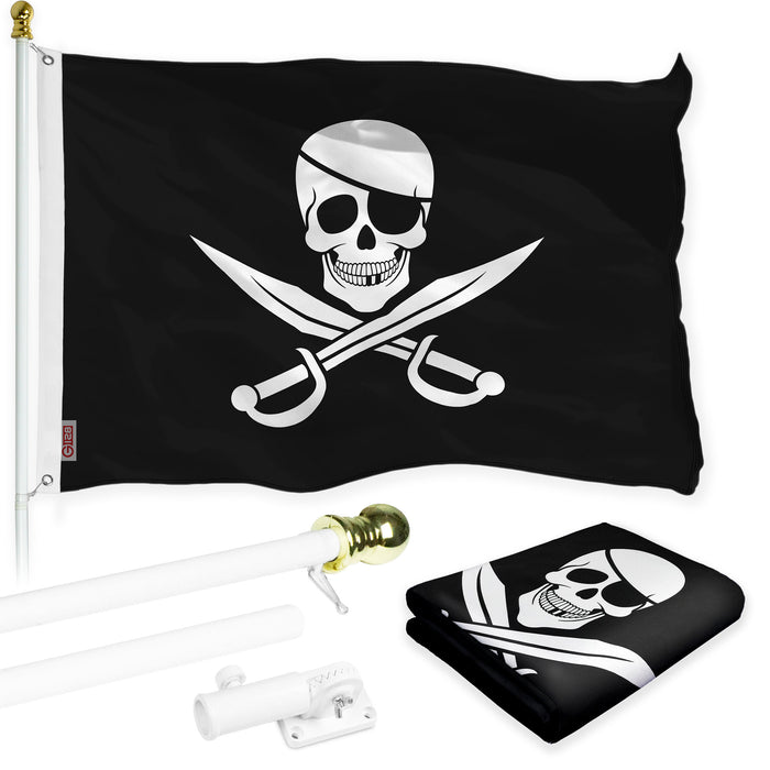 G128 Combo Pack: Flag Pole 6 FT White Tangle Free & Pirate Jolly Roger Swords Flag 3x5ft 150D Printed Polyester