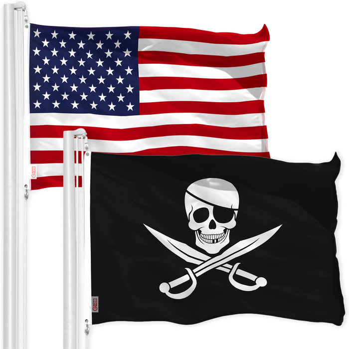 G128 Combo Pack: USA American Flag & Pirate Jolly Roger Swords Flag 3x5 FT Printed 150D Polyester