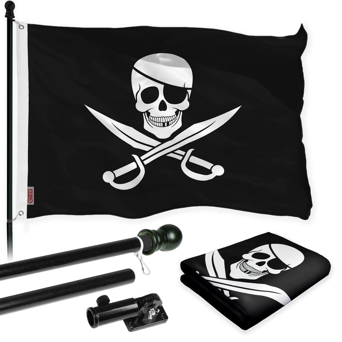 G128 Combo Pack: Flag Pole 6 FT Black Tangle Free & Pirate Jolly Roger Swords Flag 3x5ft 150D Printed Polyester
