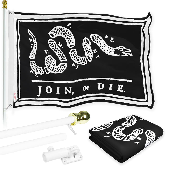 G128 Combo Pack: Flag Pole 6 FT White Tangle Free & Join or Die Black Flag 3x5ft 150D Printed Polyester
