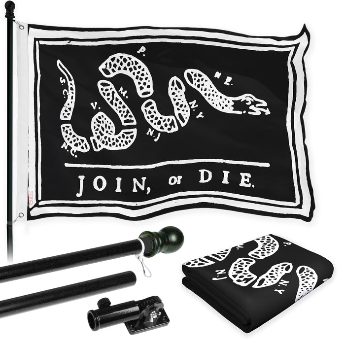 G128 Combo Pack: Flag Pole 6 FT Black Tangle Free & Join or Die Black Flag 3x5ft 150D Printed Polyester