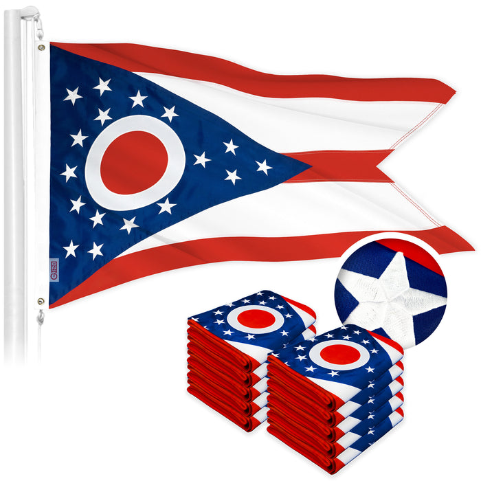 G128 10 Pack: Ohio OH State Flag | 2x3 Ft | ToughWeave Series Embroidered 300D Polyester | Embroidered Design, Indoor/Outdoor, Brass Grommets
