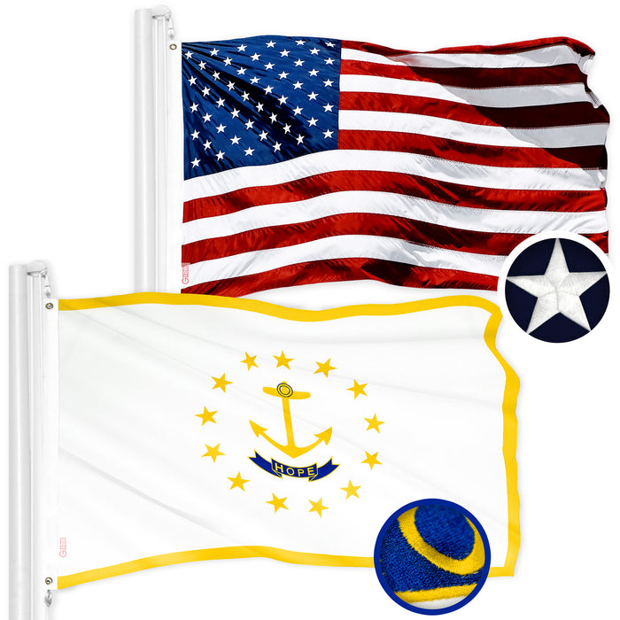 G128 Combo Pack: American USA Flag 2.5x4 Ft & Rhode Island RI State Flag 2.5x4 Ft | Both ToughWeave Series Embroidered Polyester, Embroidered Design, Indoor/Outdoor, Brass Grommets
