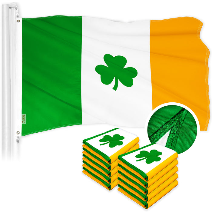G128 10 Pack: Ireland Irish Shamrock Flag | 2.5x4 Ft | ToughWeave Series Embroidered 300D Polyester | Embroidered Design, Indoor/Outdoor, Brass Grommets