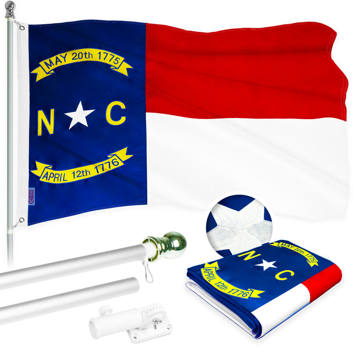 G128 Combo Pack: 5 Ft Tangle Free Aluminum Spinning Flagpole (Silver) & North Carolina  2x3 Ft, ToughWeave Series Embroidered 300D Polyester | Pole with Flag Included