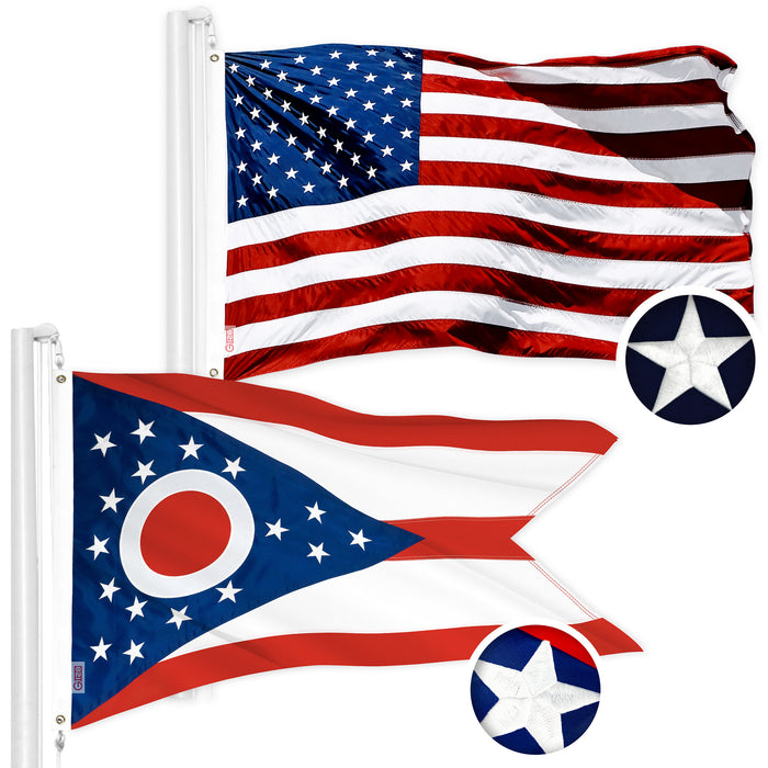 G128 Combo Pack: American USA Flag 1x1.5 Ft & Ohio OH  1x1.5 Ft | Both ToughWeave Series Embroidered 300D Polyester, Embroidered Design, Indoor/Outdoor, Brass Grommets