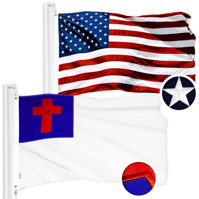 G128 Combo Pack: American USA Flag 2.5x4 Ft & Christian Flag 2.5x4 Ft | Both ToughWeave Series Embroidered 300D Polyester, Embroidered Design, Indoor/Outdoor, Brass Grommets