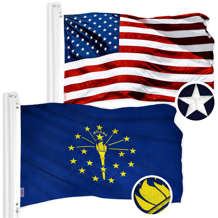 G128 Combo Pack: American USA Flag 2x3 Ft & Indiana IN State Flag 2x3 Ft | Both ToughWeave Series Embroidered Polyester, Embroidered Design, Indoor/Outdoor, Brass Grommets