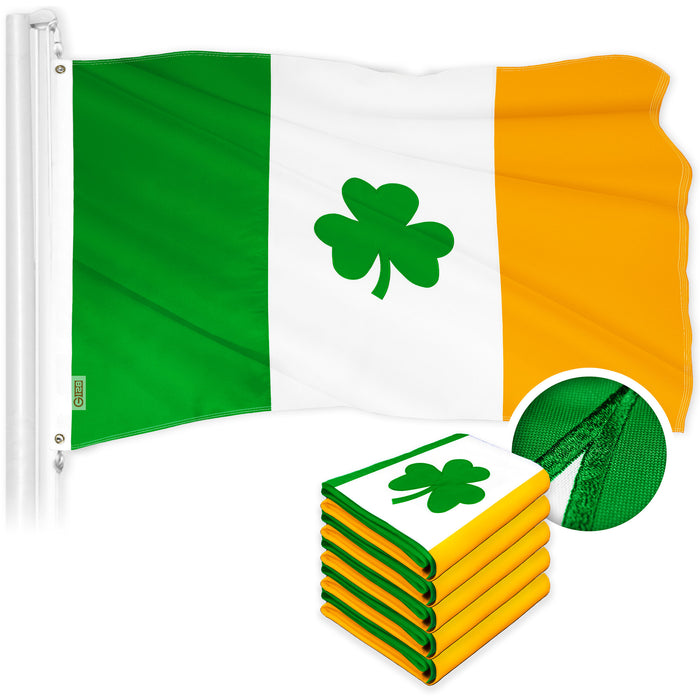 G128 5 Pack: Ireland Irish Shamrock Flag | 2.5x4 Ft | ToughWeave Series Embroidered 300D Polyester | Embroidered Design, Indoor/Outdoor, Brass Grommets
