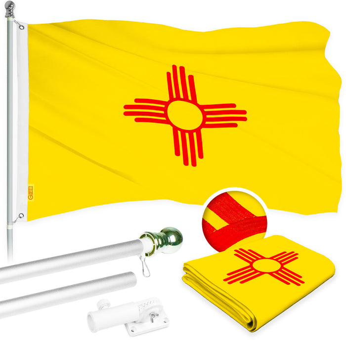 G128 Combo Pack: 5 Ft Tangle Free Aluminum Spinning Flagpole (Silver) & New Mexico NM  2x3 Ft, ToughWeave Series Embroidered 300D Polyester | Pole with Flag Included