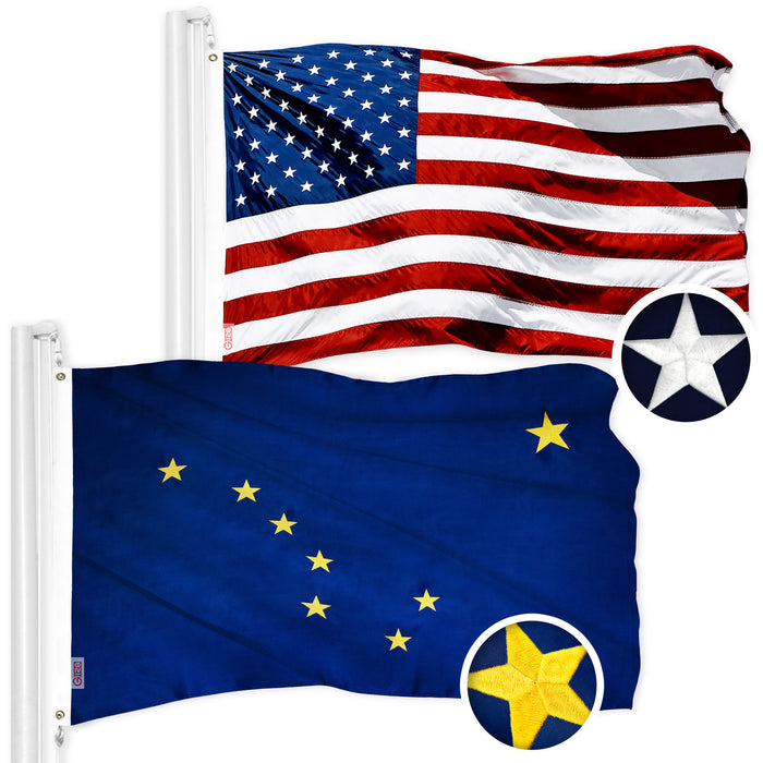 G128 Combo Pack: American USA Flag 2.5x4 Ft & Alaska AK  2.5x4 Ft | Both ToughWeave Series Embroidered Polyester, Embroidered Design, Indoor/Outdoor, Brass Grommets