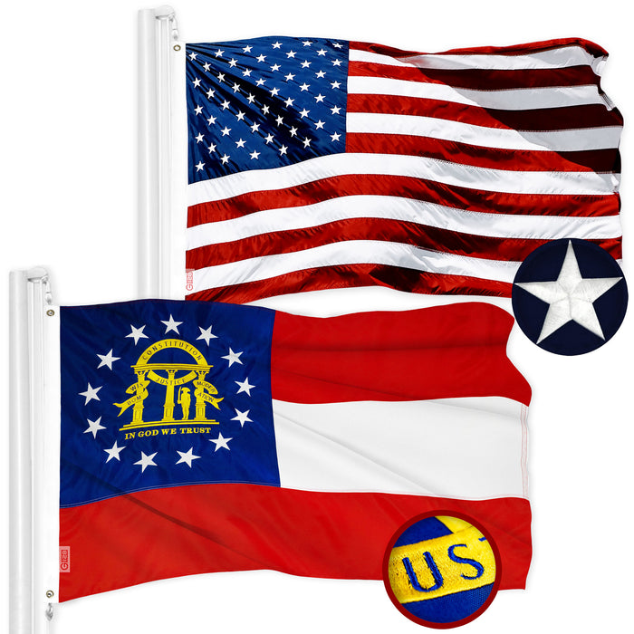 G128 Combo Pack: American USA Flag 2x3 Ft & Georgia GA State Flag 2x3 Ft | Both ToughWeave Series Embroidered Polyester, Embroidered Design, Indoor/Outdoor, Brass Grommets