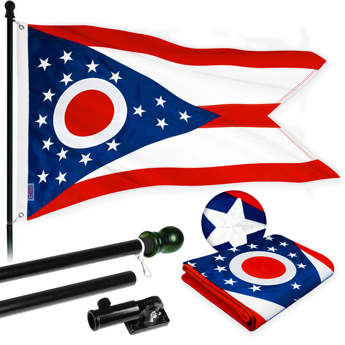 G128 Combo Pack: 5 Ft Tangle Free Aluminum Spinning Flagpole (Black) & Ohio OH  2.5x4 Ft, ToughWeave Series Embroidered 300D Polyester | Pole with Flag Included
