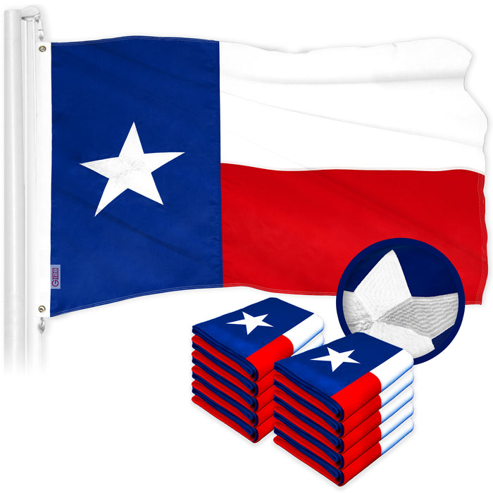 G128 10 Pack: Texas TX State Flag | 1x1.5 Ft | ToughWeave Series Embroidered 300D Polyester | Embroidered Design, Indoor/Outdoor, Brass Grommets