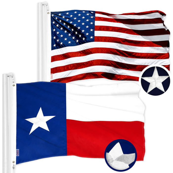 G128 Combo Pack: American USA Flag 20x30 In & Texas TX State Flag 20x30 In | Both ToughWeave Series Embroidered 300D Polyester, Embroidered Design, Indoor/Outdoor, Brass Grommets