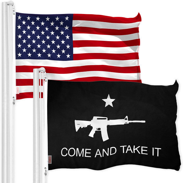 G128 Combo Pack: USA American Flag & Come and Take It Rifle Black Flag 3x5 FT Printed 150D Indoor/Outdoor, Vibrant Colors, Brass Grommets, Quality Polyester