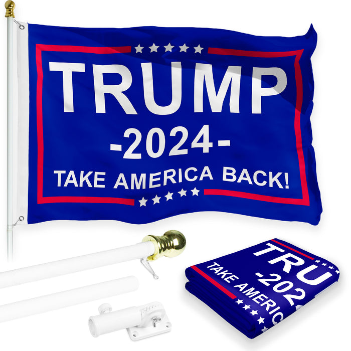 G128 Combo Pack: Flag Pole 6 FT White Tangle Free & Trump 2024 "Take America Back" Blue Flag 3x5 FT Printed 150D Polyester
