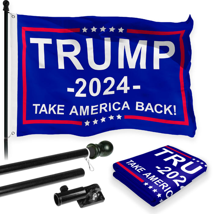 G128 Combo Pack: Flag Pole 6 FT Black Tangle Free & Trump 2024 "Take America Back" Blue Flag 3x5 FT Printed 150D Polyester