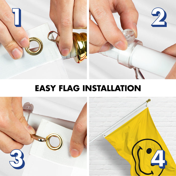 G128 Combo Pack: Flag Pole 6 FT White Tangle Free & Smiley Face Flag 3x5ft 150D Printed Polyester