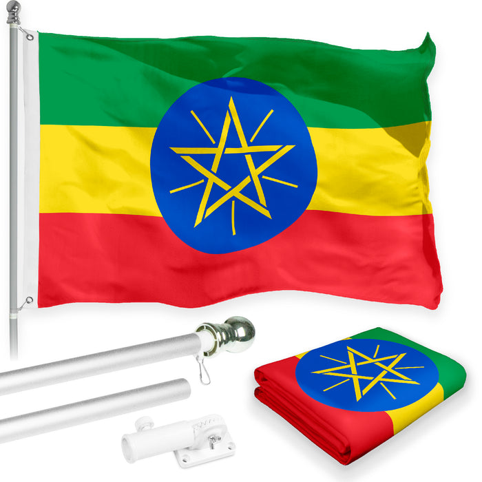 Flag Pole 6FT Silver Tangle Free & Ethiopia Ethiopian Flag 3x5 Ft Combo Printed 150D Polyester By G128