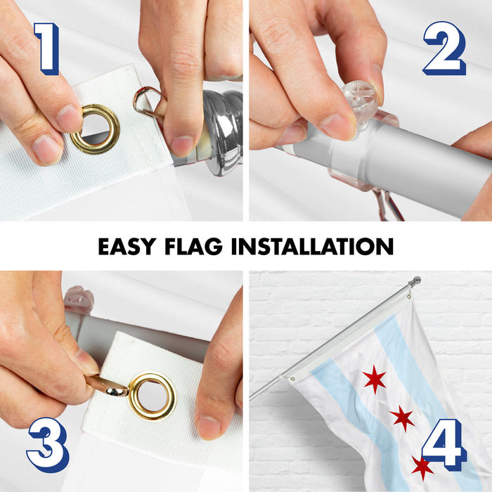 G128 Flag Pole 6 FT Silver Tangle Free & Chicago Flag 3x5 FT Combo Embroidered 300D Polyester