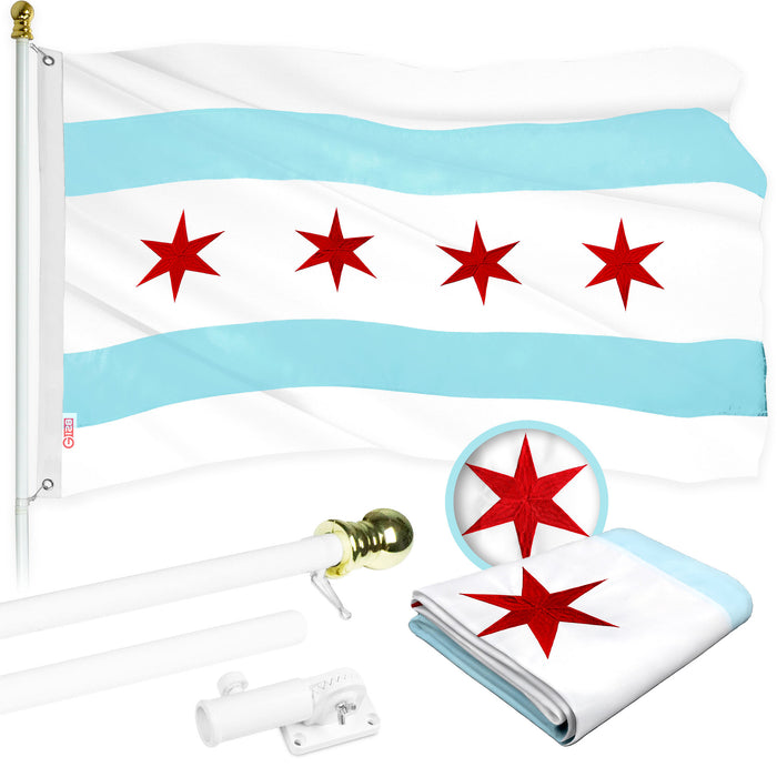 G128 Flag Pole 5 FT White Tangle Free & Chicago Flag 2.5x4 FT Combo Embroidered 300D Polyester