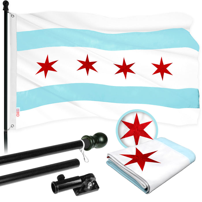 G128 Flag Pole 5 FT Black Tangle Free & Chicago Flag 2x3 FT Combo Embroidered 300D Polyester