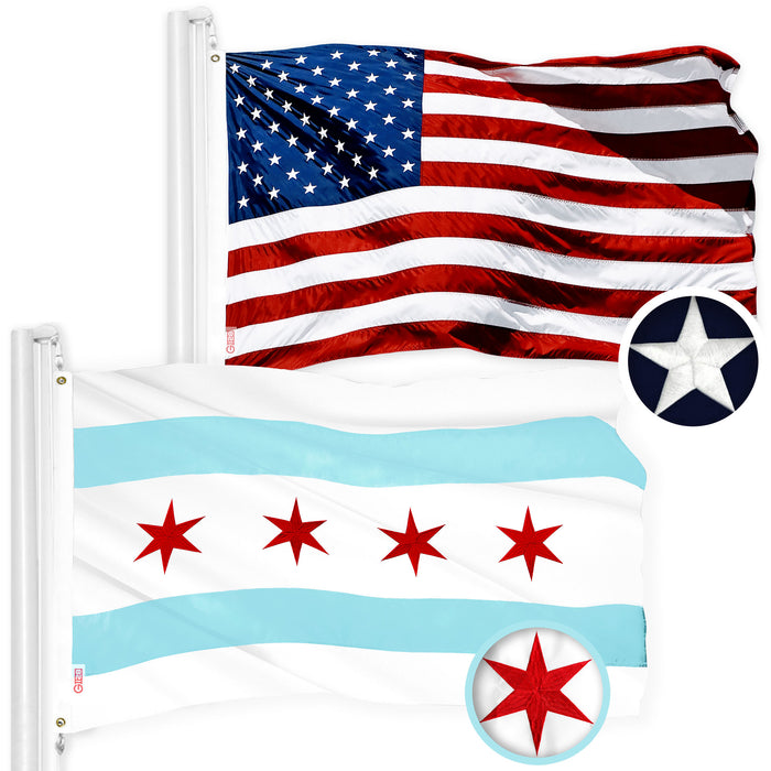 G128 Combo Pack: USA American Flag & Chicago Flag 4x6 Ft Embroidered 300D Polyester, Indoor/Outdoor, Brass Grommets