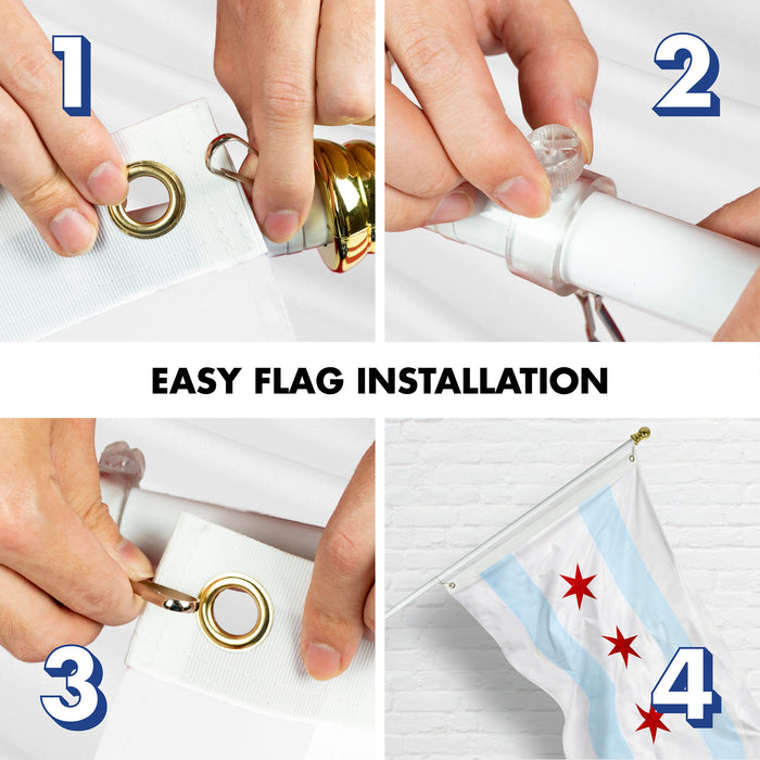 G128 Flag Pole 5 FT White Tangle Free & Chicago Flag 2.5x4 FT Combo Embroidered 300D Polyester