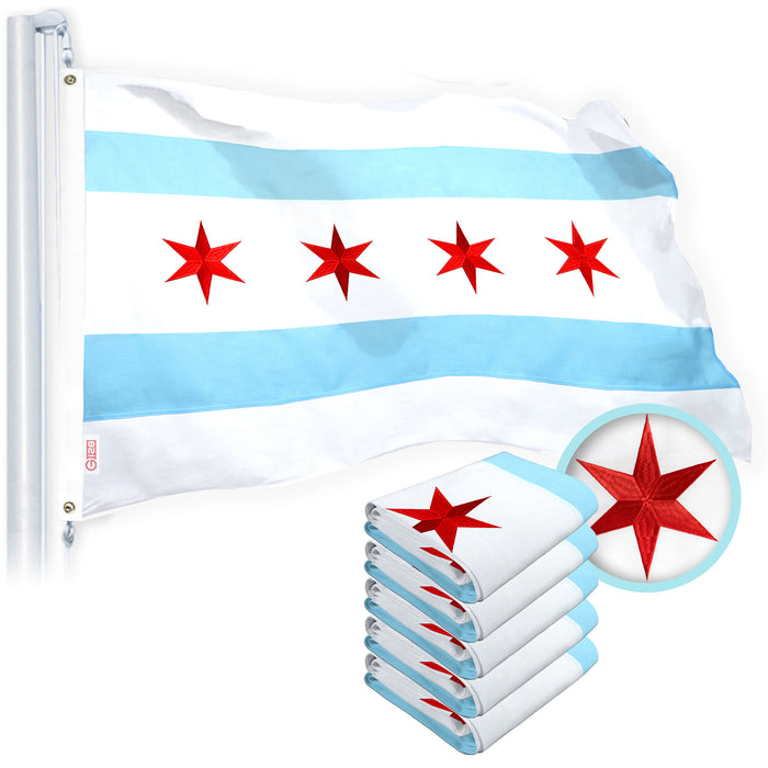 G128 Chicago Flag 2x3 Ft 5-Pack Heavy Duty Spun Polyester 220GSM Embroidered Tough, Durable, Indoor/Outdoor, Vibrant Colors, Brass Grommet