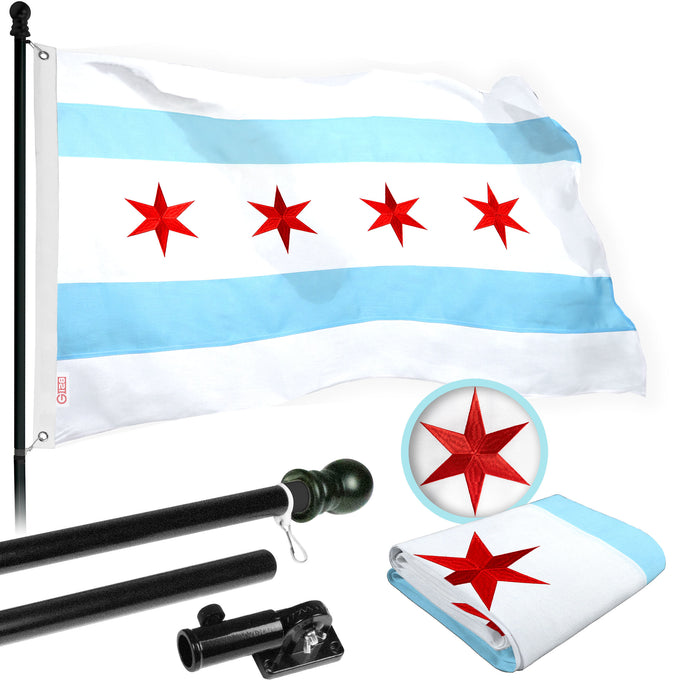 G128 Flag Pole 6 FT Black Tangle Free & Chicago Flag 3x5 FT Combo Embroidered Spun Polyester