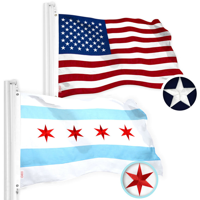 G128 Combo Pack: USA American Flag & Chicago Flag 3x5 Ft Embroidered Spun Polyester, Indoor/Outdoor, Brass Grommets