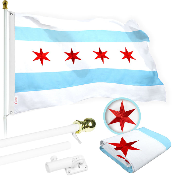 G128 Flag Pole 5 FT White Tangle Free & Chicago Flag 2x3 FT Combo Embroidered Spun Polyester