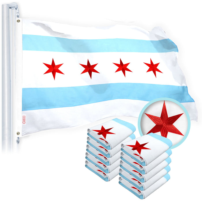 G128 Chicago Flag 2.5x4 Ft 10-Pack Heavy Duty Spun Polyester 220GSM Embroidered Tough, Durable, Indoor/Outdoor, Vibrant Colors, Brass Grommet