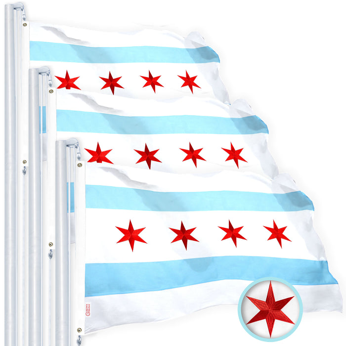 G128 Chicago Flag 4x6 Ft 3-Pack Heavy Duty Spun Polyester 220GSM Embroidered Tough, Durable, Indoor/Outdoor, Vibrant Colors, Brass Grommet