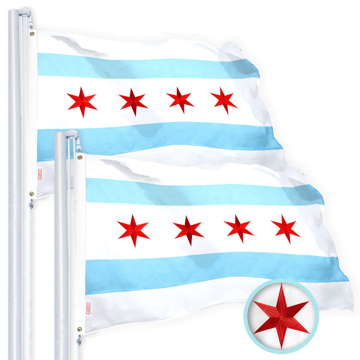 G128 Chicago Flag 2.5x4 Ft 2-Pack Heavy Duty Spun Polyester 220GSM Embroidered Tough, Durable, Indoor/Outdoor, Vibrant Colors, Brass Grommet