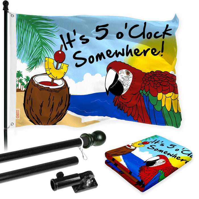 G128 Combo Pack: Flag Pole 6 FT Black Tangle Free & It's 5 O'Clock Somewhere Flag 3x5 FT Printed 150D Polyester