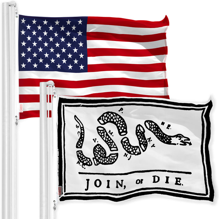 G128 Combo Pack: USA American Flag & Join or Die White Flag 3x5 FT Printed 150D Indoor/Outdoor, Vibrant Colors, Brass Grommets, Quality Polyester