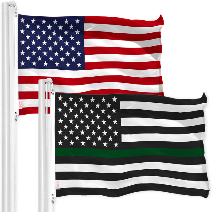 G128 Combo Pack: USA American Flag & Thin Green Line Flag 3x5 FT Printed 150D Indoor/Outdoor, Vibrant Colors, Brass Grommets, Quality Polyester