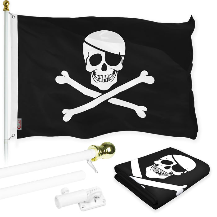 G128 Combo Pack: Flag Pole 6 FT White Tangle Free & Pirate Jolly Roger Bones Flag 3x5ft 150D Printed Polyester