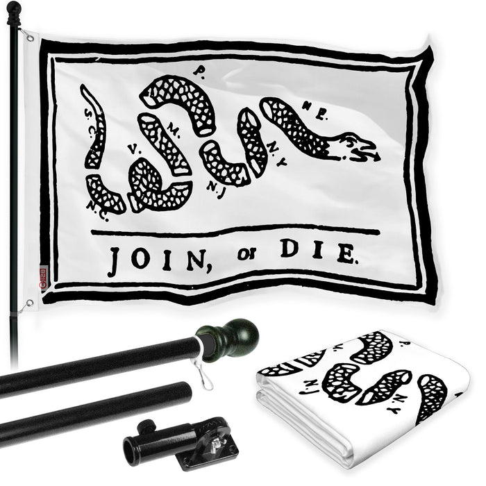G128 Combo Pack: Flag Pole 6 FT Black Tangle Free & Join or Die White Flag 3x5 FT Brass Grommets Printed Polyester (Flag Included) Aluminum Flag Pole