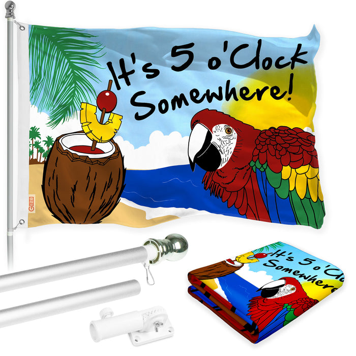 G128 Combo Pack: Flag Pole 6 FT Silver Tangle Free & It's 5 O'Clock Somewhere Flag 3x5 FT Printed 150D Polyester