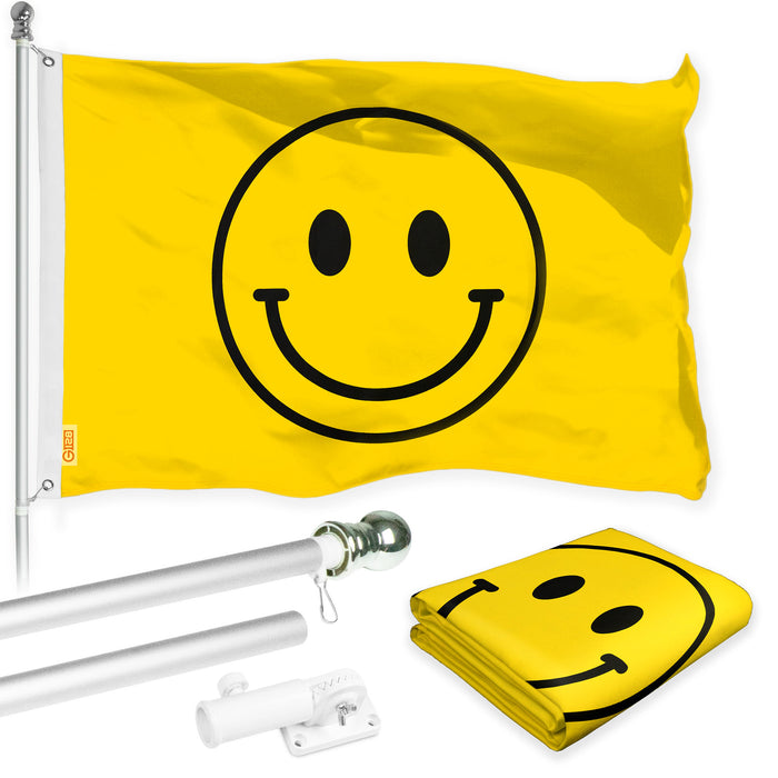 G128 Combo Pack: Flag Pole 6 FT Silver Tangle Free & Smiley Face Flag 3x5ft 150D Printed Polyester
